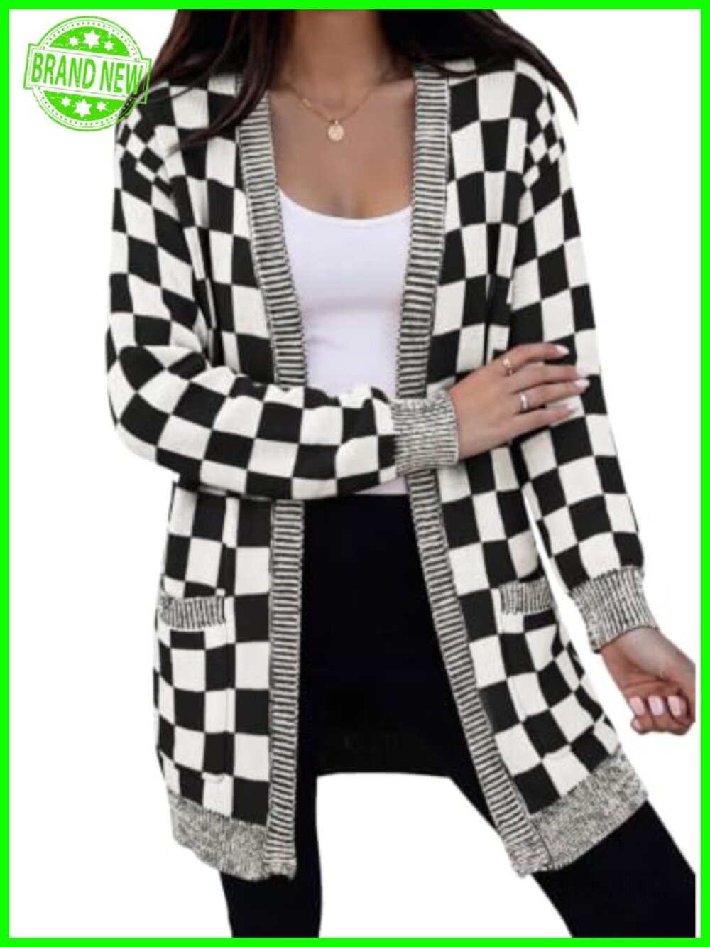 Women's Checkered Open Front Cardigan Sweater Oversized Knit with Pockets Fall